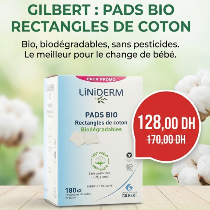 GILBERT PADS BIO 180 RECTANGLES DE COTON 8X10CM